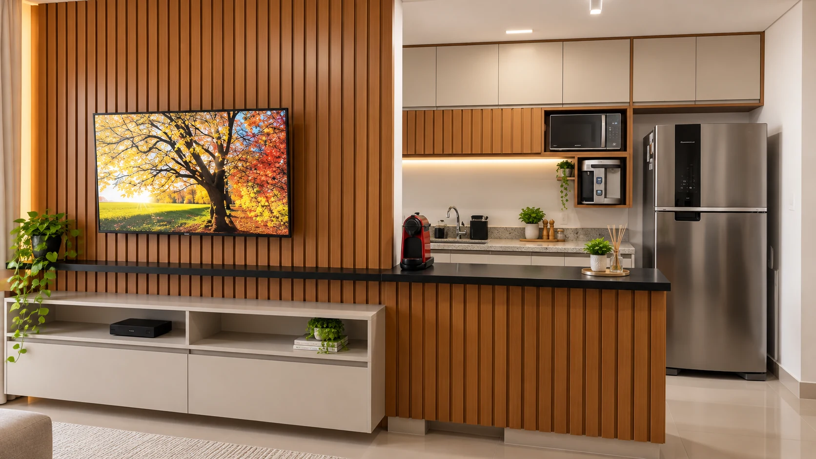 Ambiente integrado Gaudereto com painel ripado e cozinha planejada